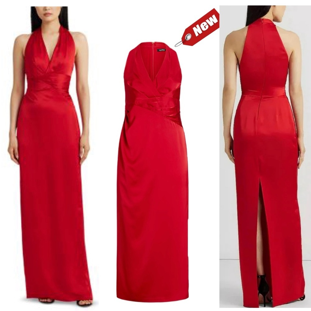 Lauren Ralph Lauren Red Sleeveless Pleated Satin Charmeuse Halter Maxi Gown 10